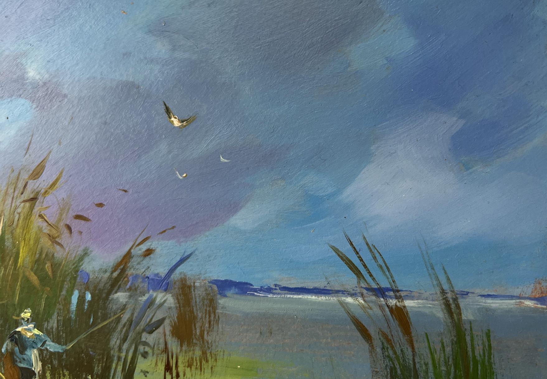 Oil painting by Yuriy Suprunchuk: boat near tall reeds, vast sky, birds