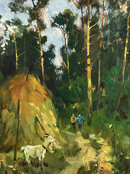 Oil painting of white goat with black markings in sunlit forest clearing by Yuriy Suprunchuk