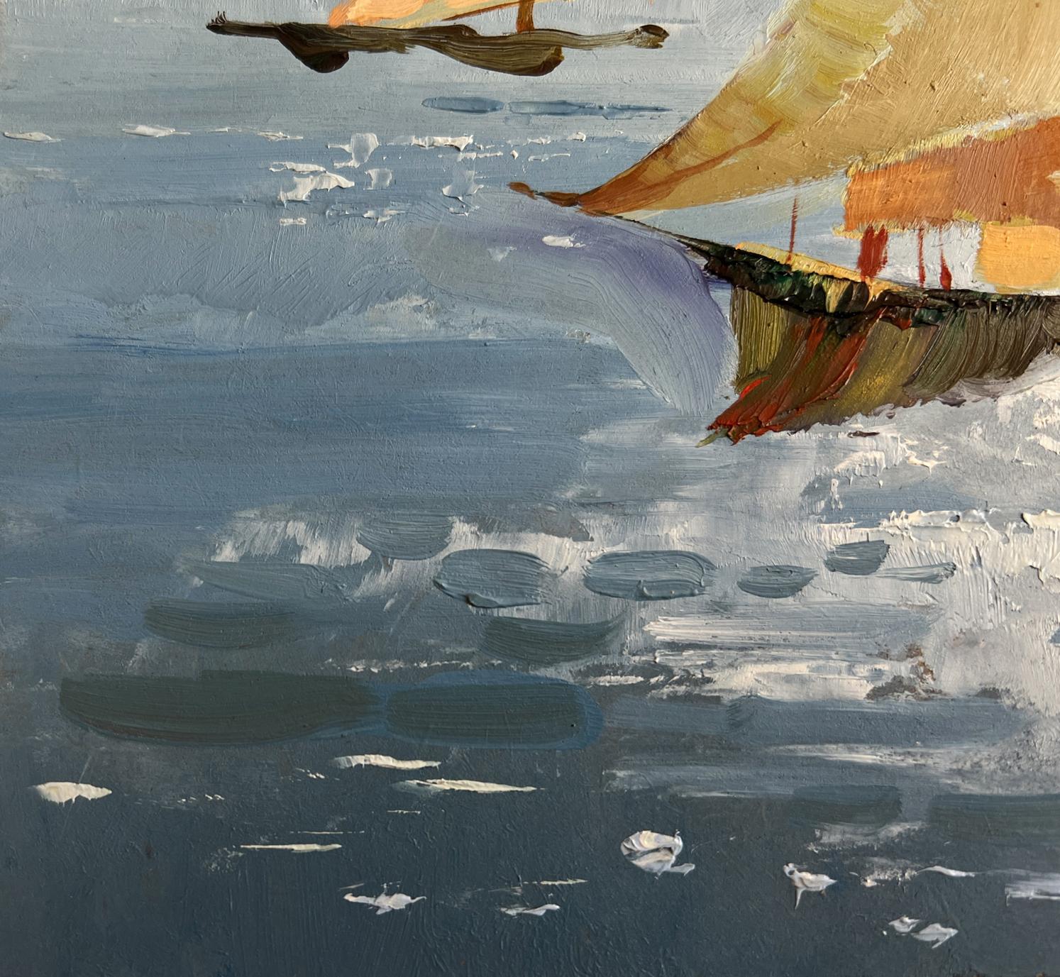 Oil painting of sailboat with sunset sails on sea by Yuriy Suprunchuk