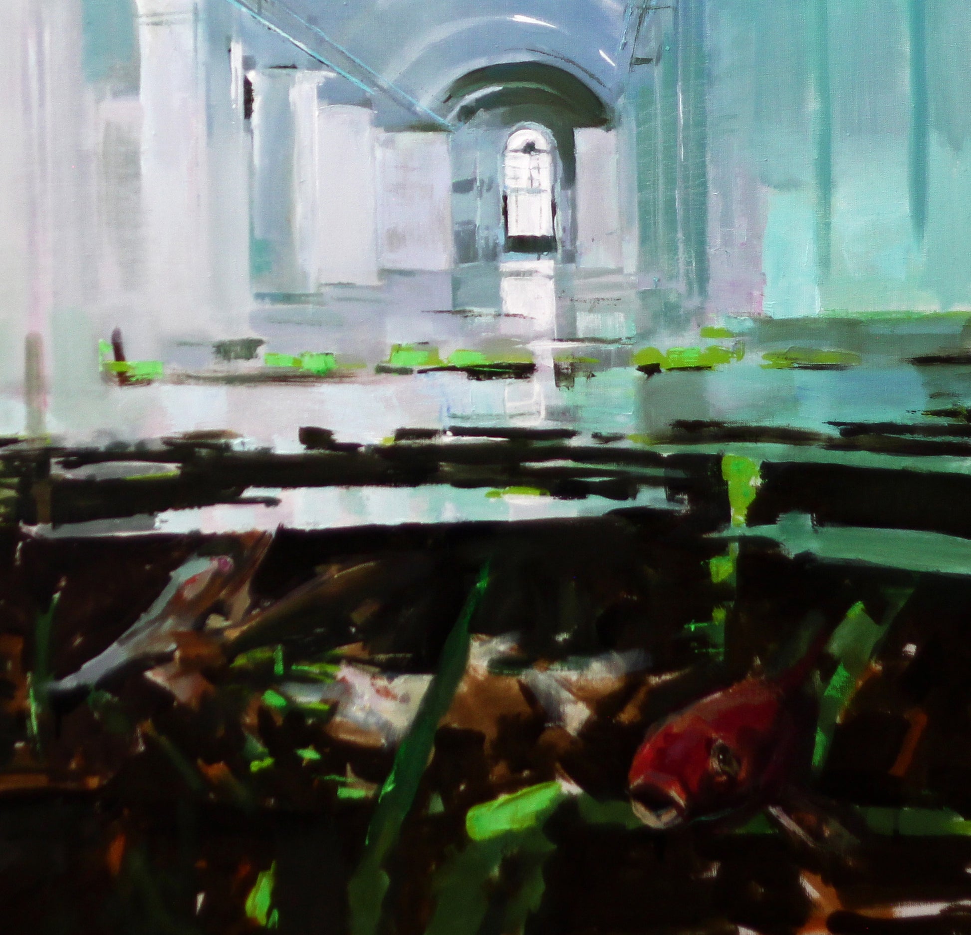 Vibrant red fish by Arsenal Ed Potapenkov swims among dark green plants in oil painting