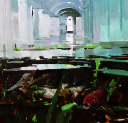 Vibrant red fish by Arsenal Ed Potapenkov swims among dark green plants in oil painting