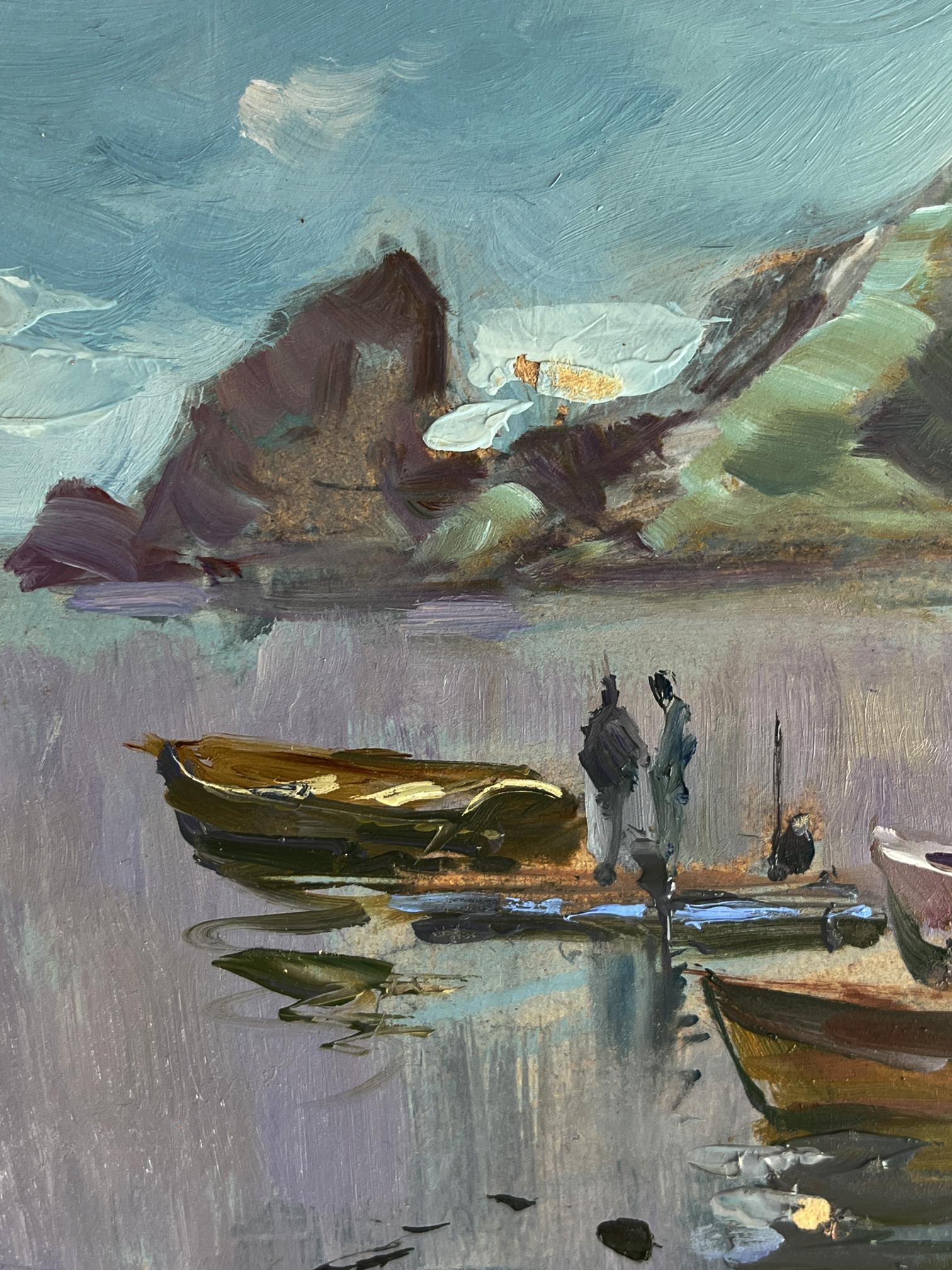 Oil painting Boats on the Seashore by Yuriy Suprunchuk moody coastal scene