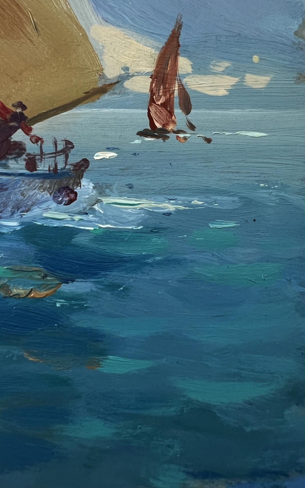 Oil painting of brown sailboat on vast seas by Yuriy Suprunchuk