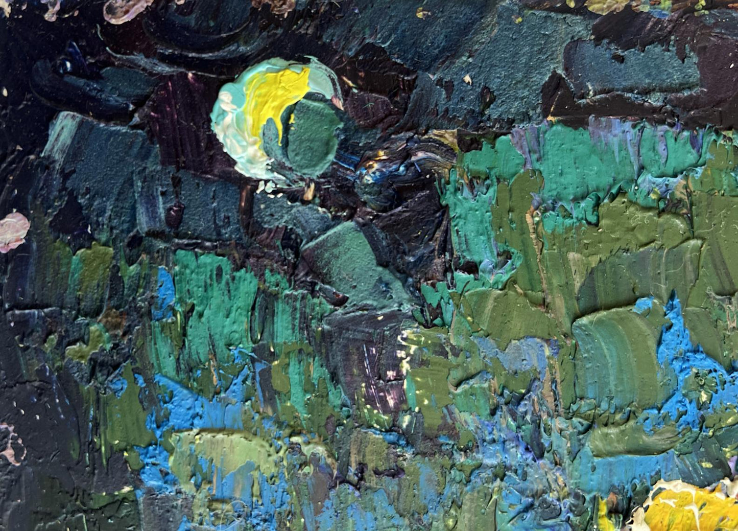 Oil painting The moonlit night illuminates by Oksana Ivanyuk with impasto greens, blues, yellows