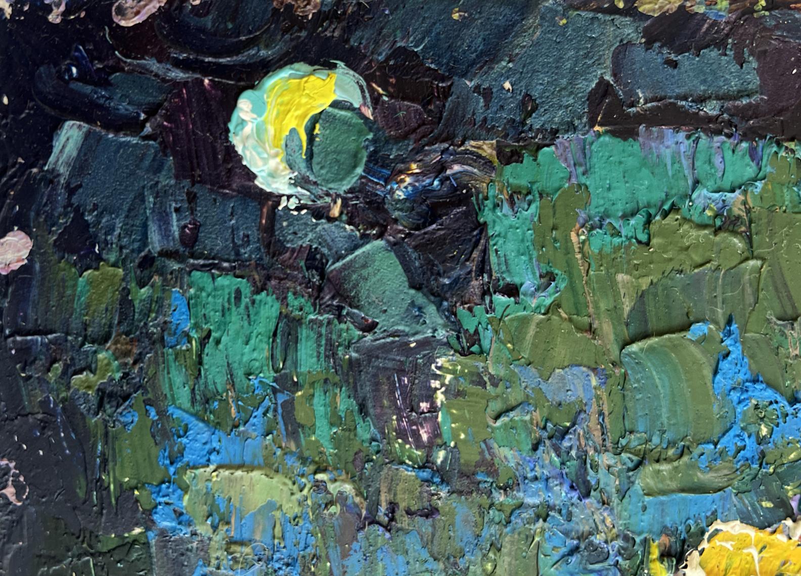 Oil painting The moonlit night illuminates by Oksana Ivanyuk with impasto greens, blues, yellows