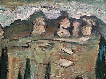 An abstract oil painting featuring thick, textured brushstrokes in muted greens, browns, and whites.