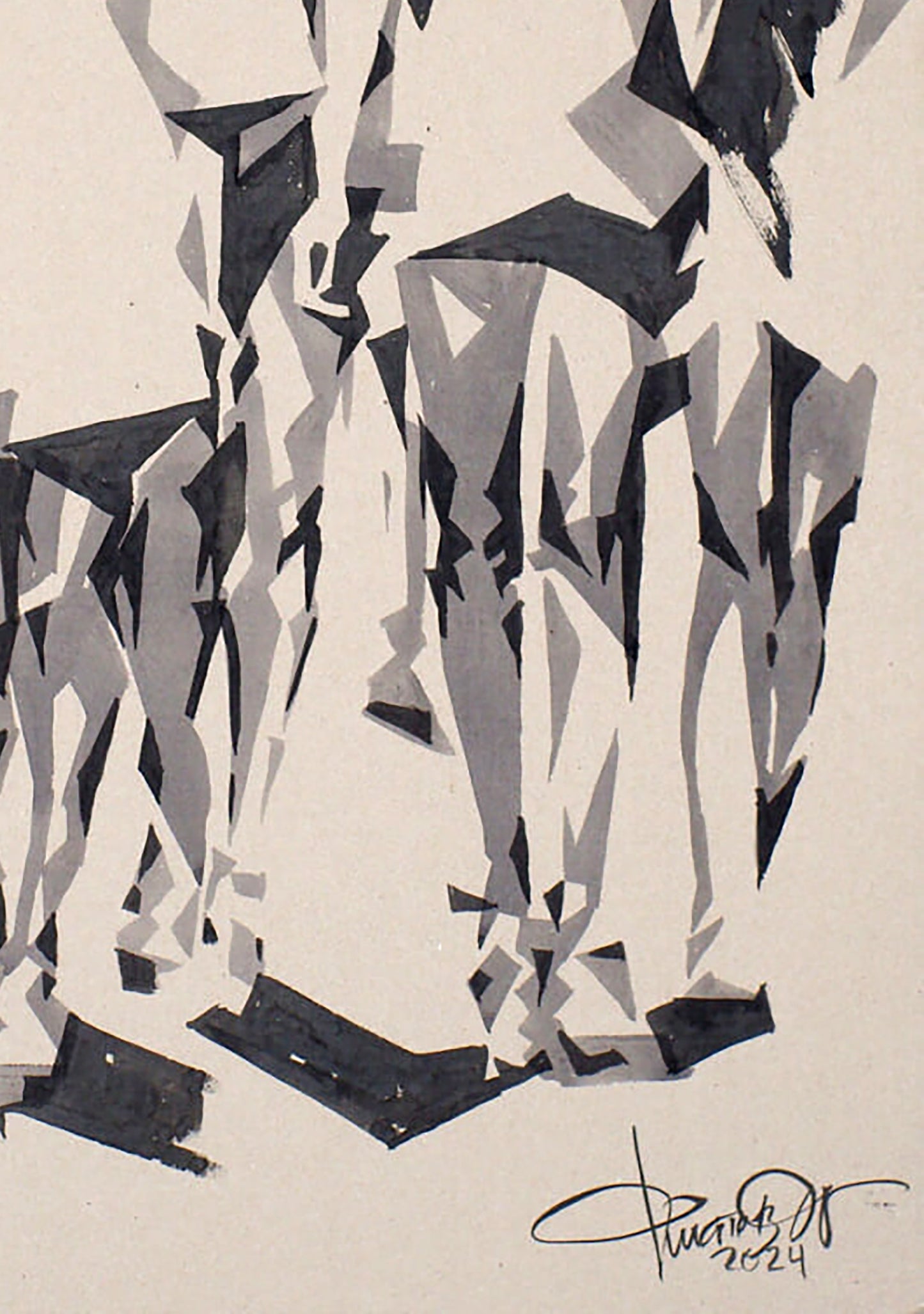 Abstract black and gray ink Futurist Walk painting by Dima Filatov