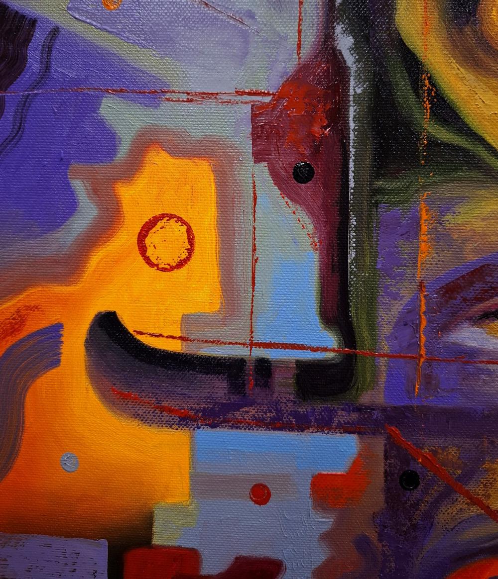 Oil painting Periscope of Consciousness by Sergiy Voichenko, abstract orange purple blue strokes