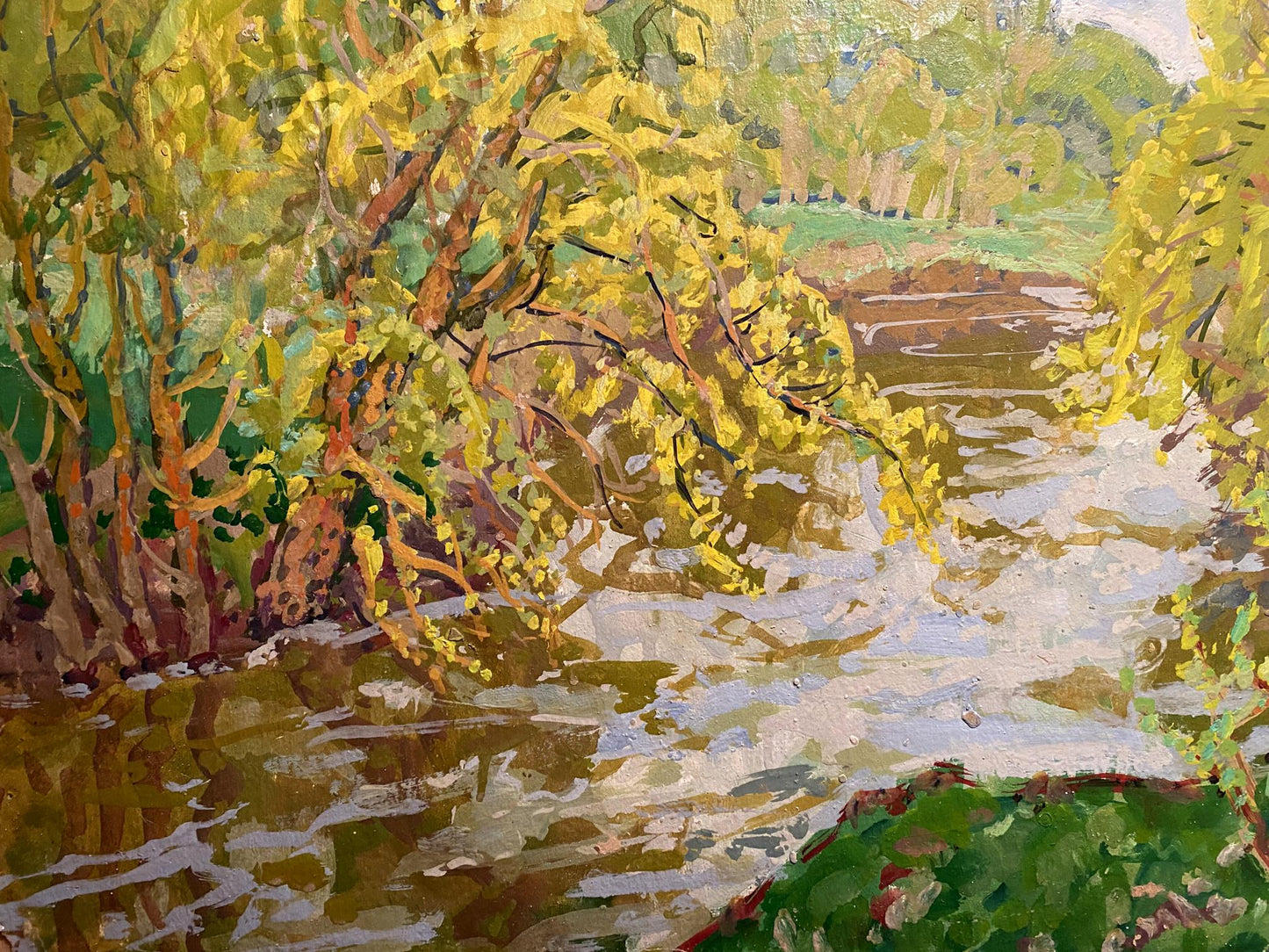 Oil painting Above a River by Georgy Kolosovsky: sunlit riverbank impressionist scene