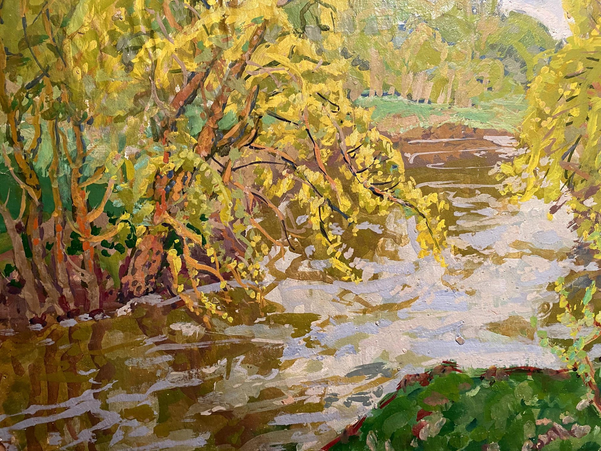 Oil painting Above a River by Georgy Kolosovsky: sunlit riverbank impressionist scene