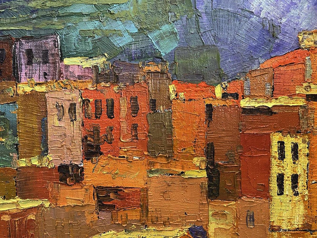 Vibrant oil painting Outspread by Serhiy Kovalev: cityscape with orange-red buildings and swirling sky