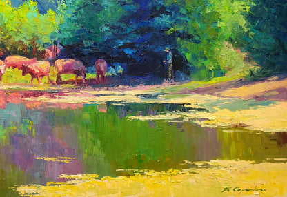 Vibrant impressionist oil painting by Boris Serdyuk of cattle grazing by pond