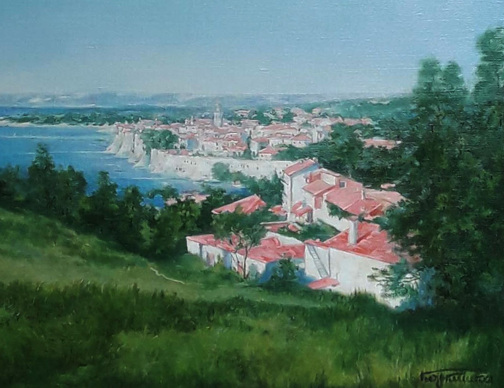 Vibrant oil painting City Island by Vasily Korkishko: coastal town with white buildings