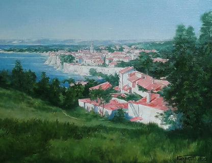 Vibrant oil painting City Island by Vasily Korkishko: coastal town with white buildings