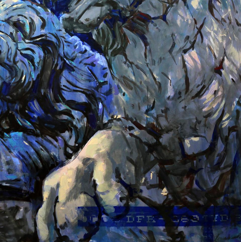 Abstract Oil painting Guards Ed Potapenkov with swirling blue white brushstrokes