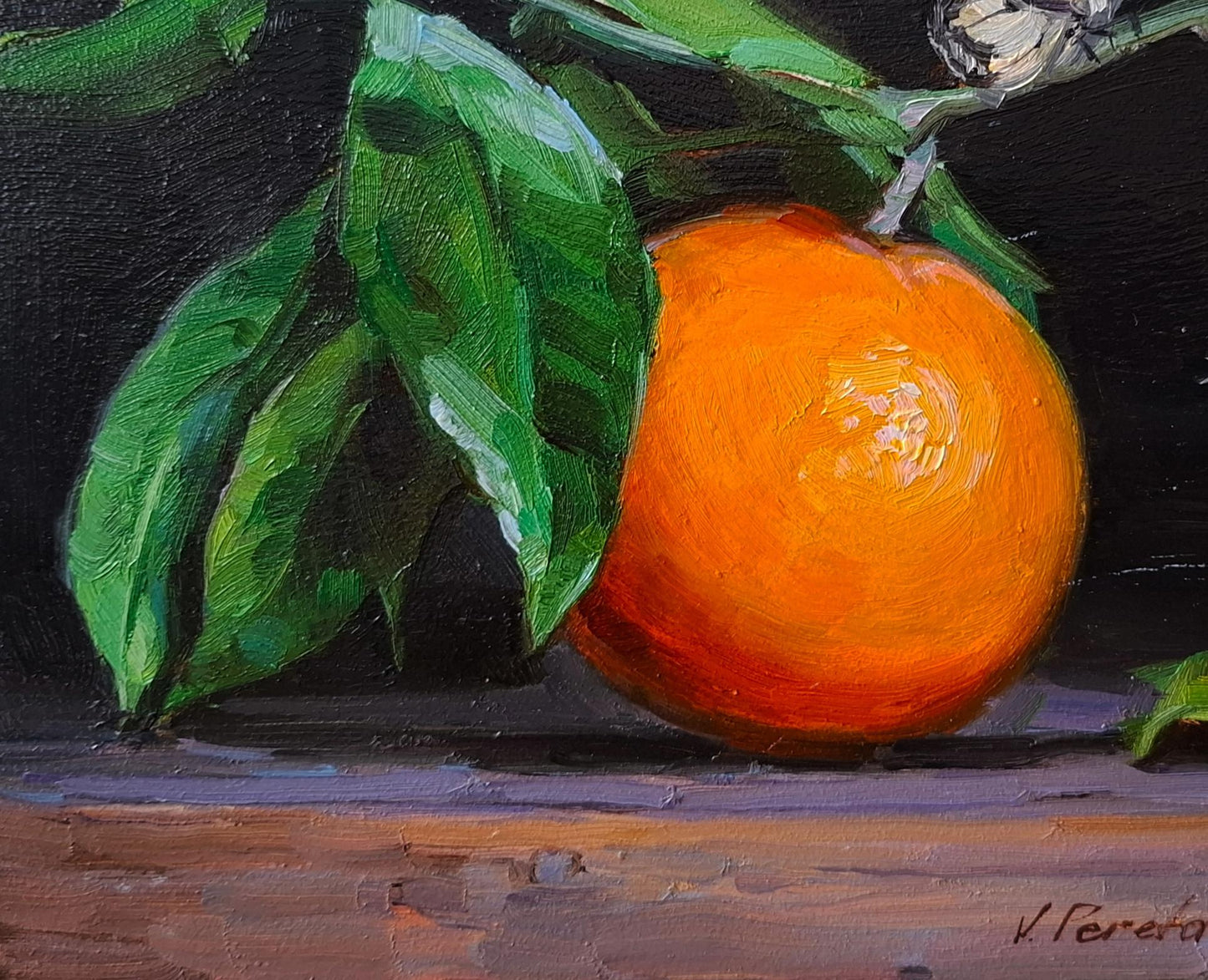 Oil painting of vibrant orange citrus with butterflies by Vyacheslav Pereta
