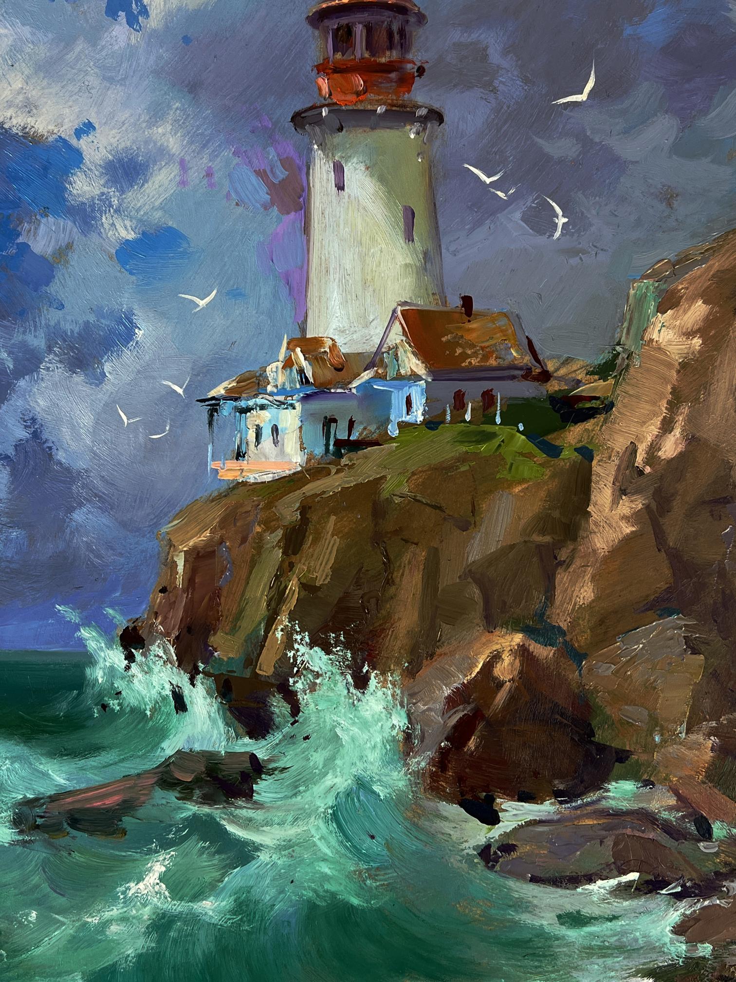 Oil painting of white lighthouse on rock by Yuriy Suprunchuk
