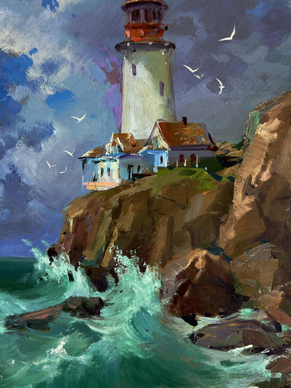 Oil painting of white lighthouse on rock by Yuriy Suprunchuk