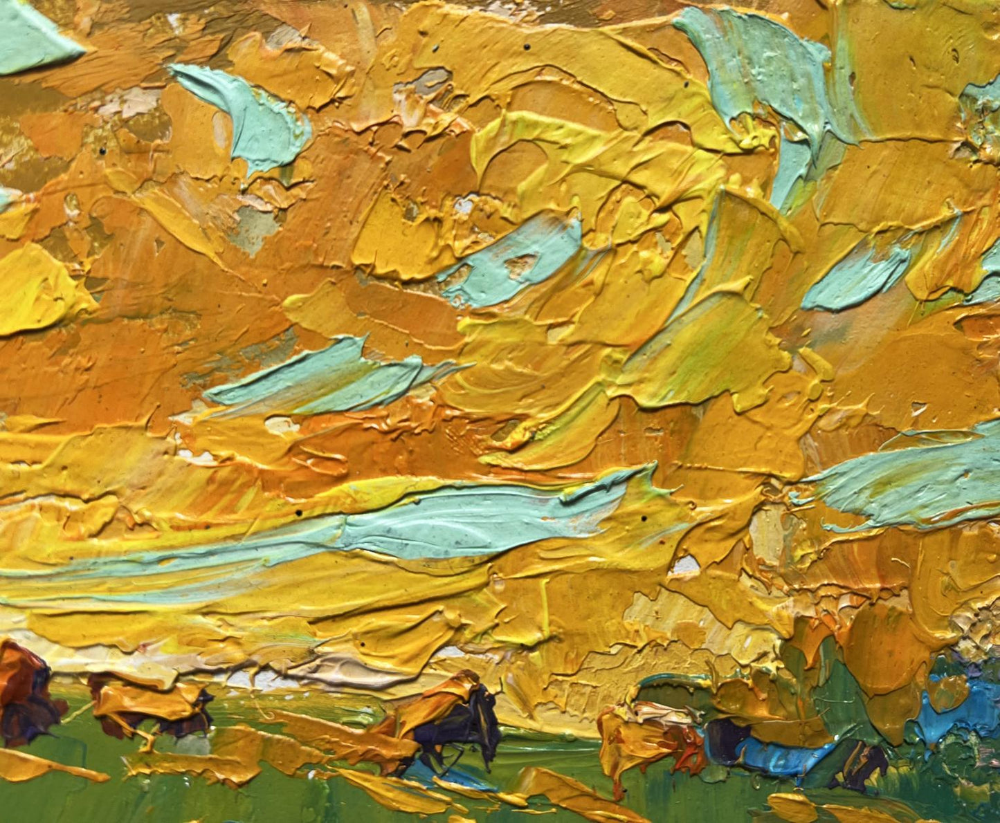 Oil painting Yellow sunset in the field by Oleksiy Ivanyuk with golden yellow teal strokes