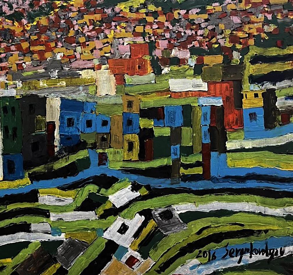 Vibrant oil painting Favelas by Serhiy Kovalev, colorful textured town