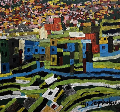 Vibrant oil painting Favelas by Serhiy Kovalev, colorful textured town