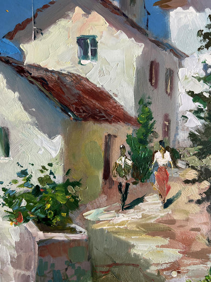 Oil painting by Yuriy Suprunchuk: sunlit rustic house on old city street