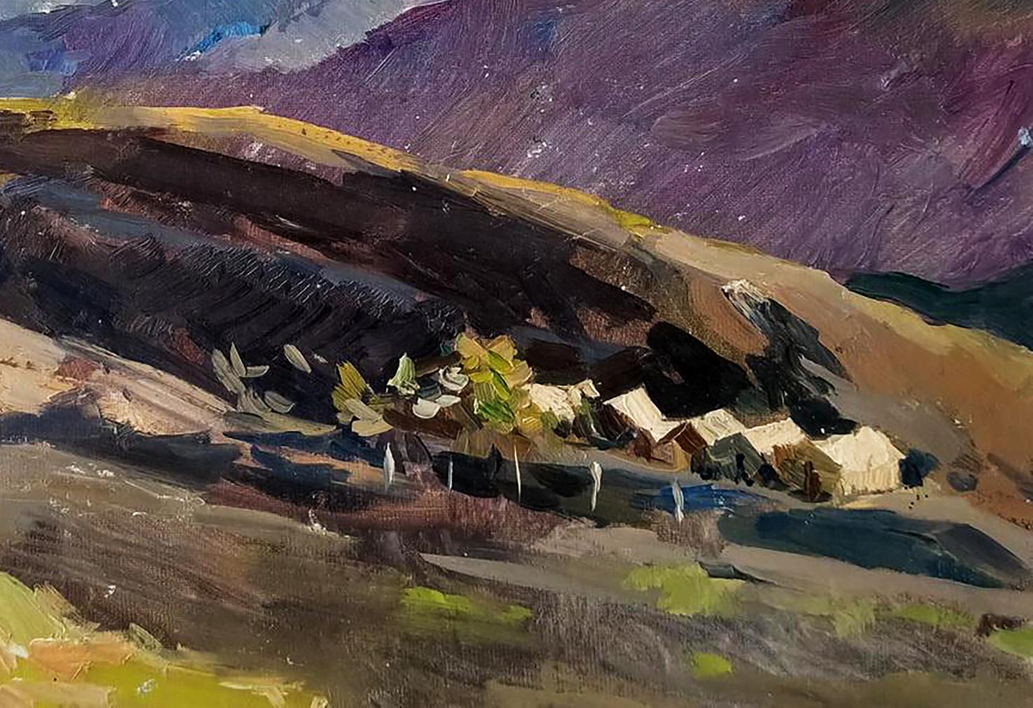 Oil painting Houses in the Valley by Oleksandr Andreev, purple mountains