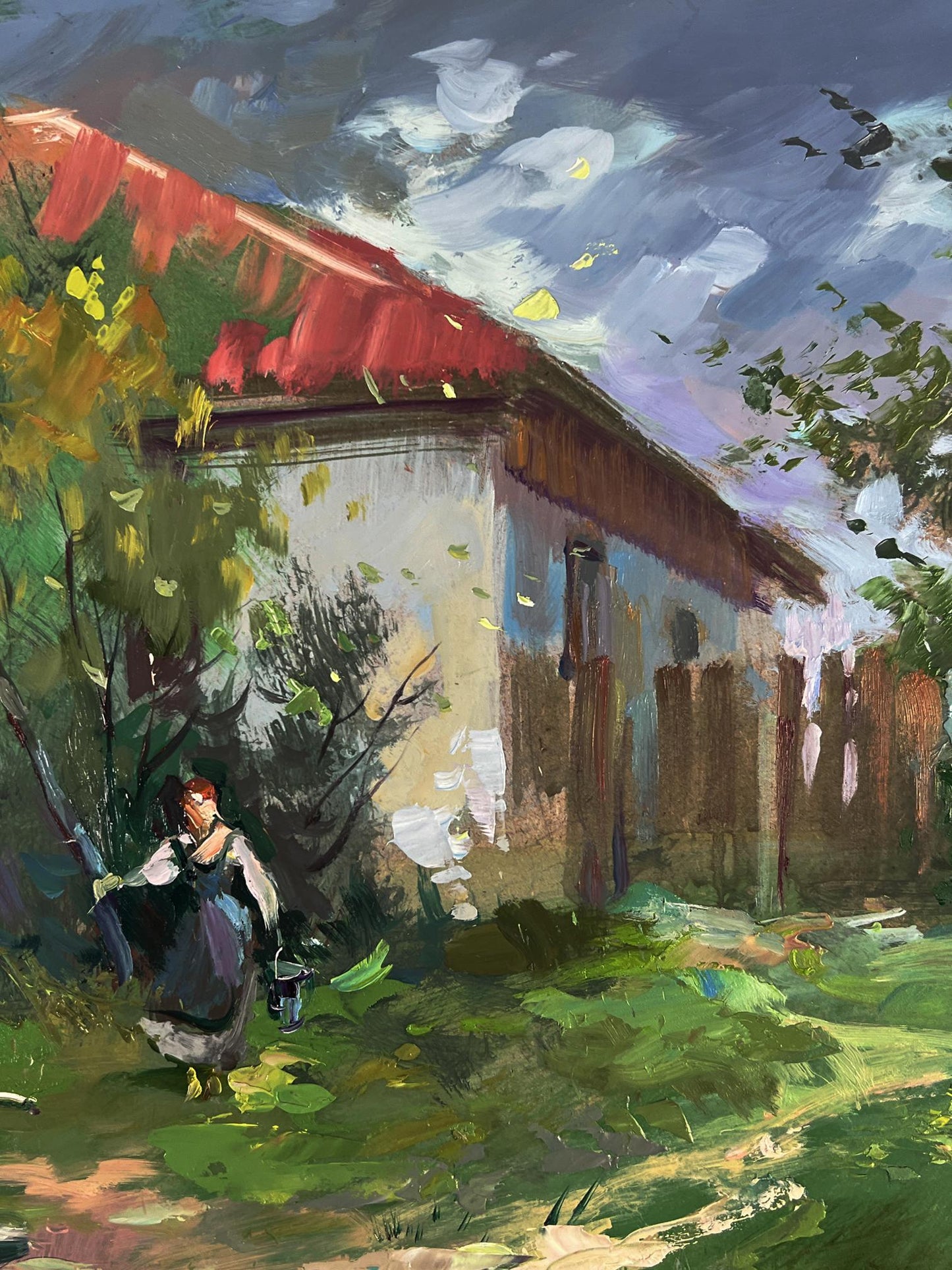 Oil painting of rustic village well by Yuriy Suprunchuk with red roof