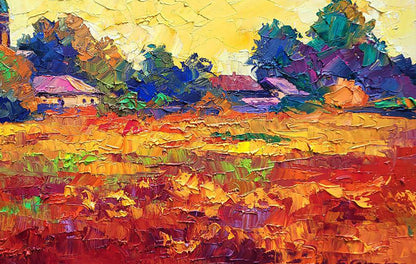 Vibrant impressionist oil painting Sunset over the village by Boris Serdyuk