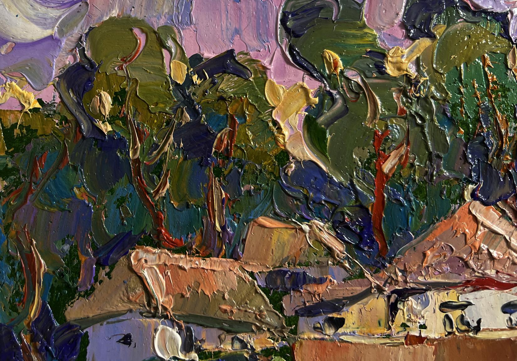 Oil painting On the edge of the village by Oleksiy Ivanyuk with green purple trees rooftops