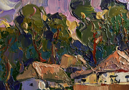 Oil painting On the edge of the village by Oleksiy Ivanyuk with green purple trees rooftops