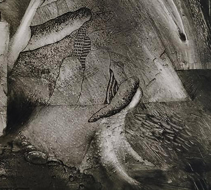 Abstract charcoal etching of textured monochromatic rock landscape by unknown artist
