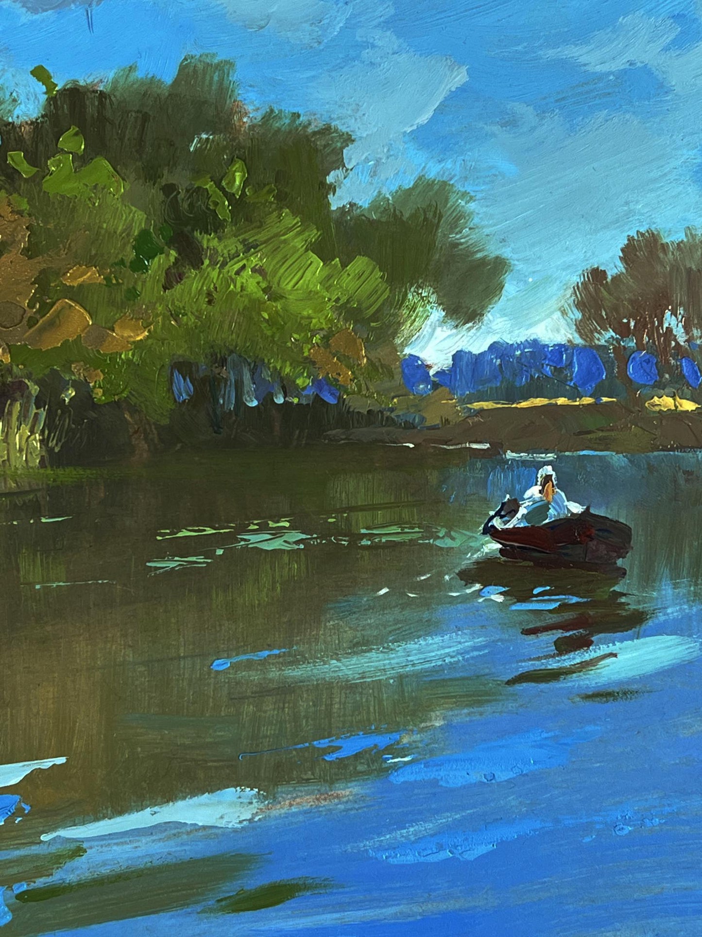 Oil painting of small red rowboat gliding on calm river by Yuriy Suprunchuk