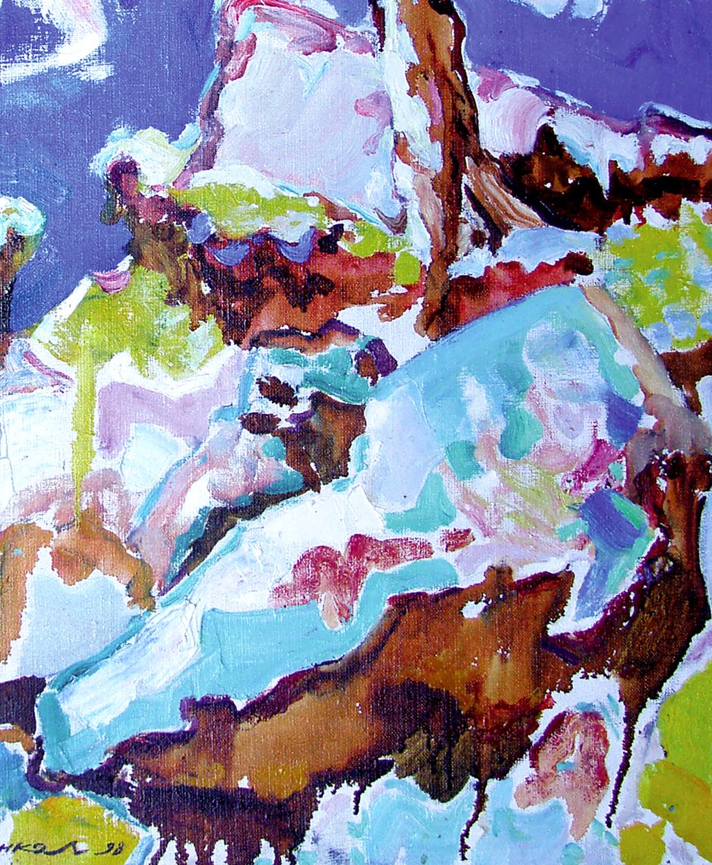 Vibrant oil painting In the Mountains by Leonid Pavlenko: snowy trees