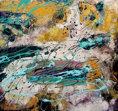 Oil painting Green and yellow by Tatyana Shulyak, teal and black splashes on beige