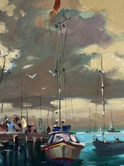 Oil painting Boats at the pier by Yuriy Suprunchuk, harbor scene with red white boat