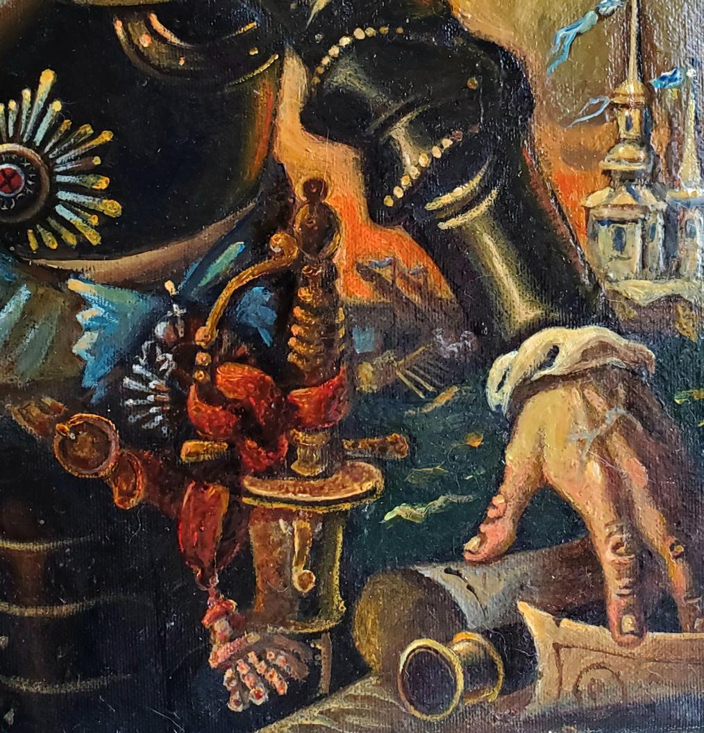 Oil painting fragment of Peter at sea by Daniil Litvinov: ornate brass device