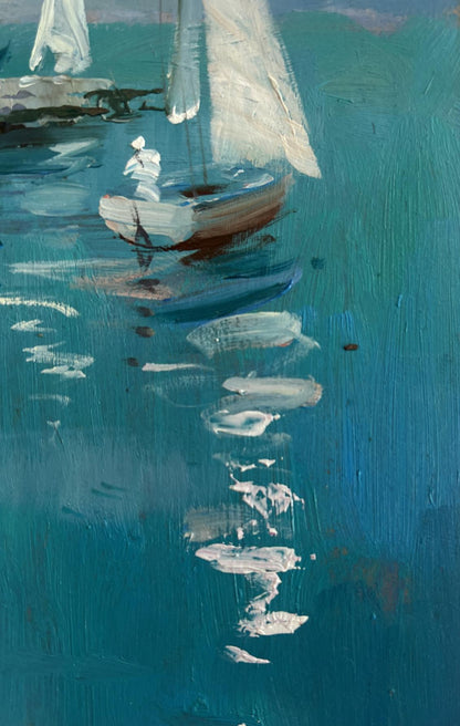 Serene oil painting of city on water with white sails by Yuriy Suprunchuk