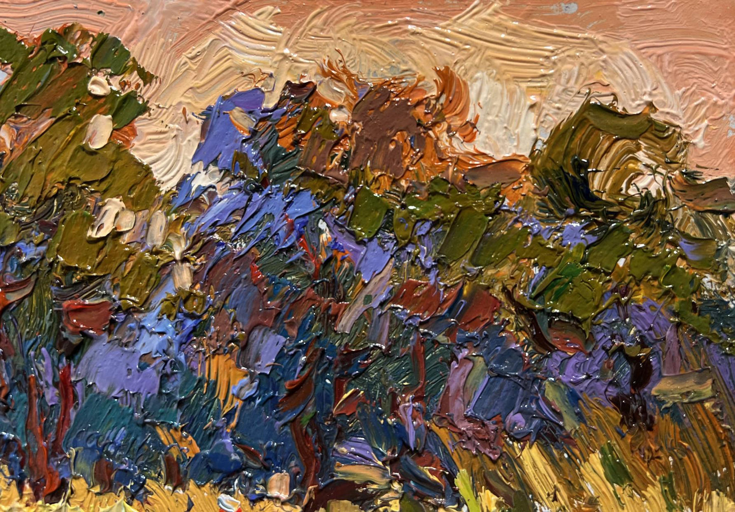 Vibrant impasto oil painting of boat among reeds by Oksana Ivanyuk