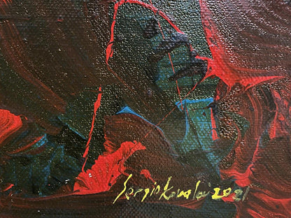 Abstract oil painting Search for Truth by Serhiy Kovalev in red teal black