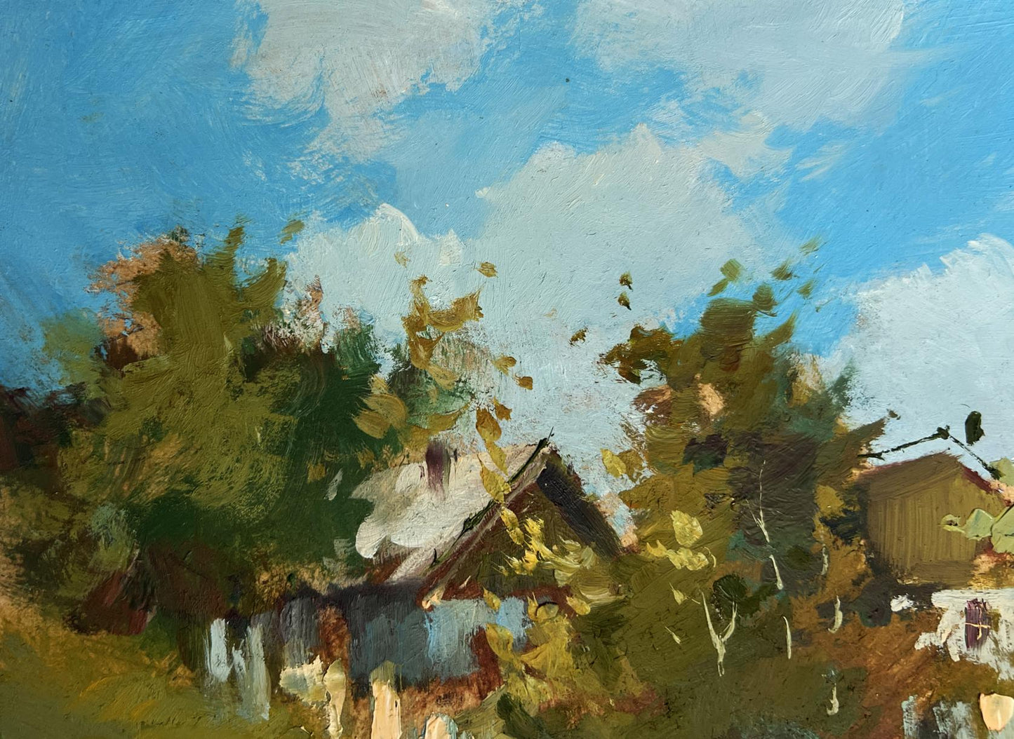 Vibrant impressionist oil painting of Yuriy Suprunchuk village and church view