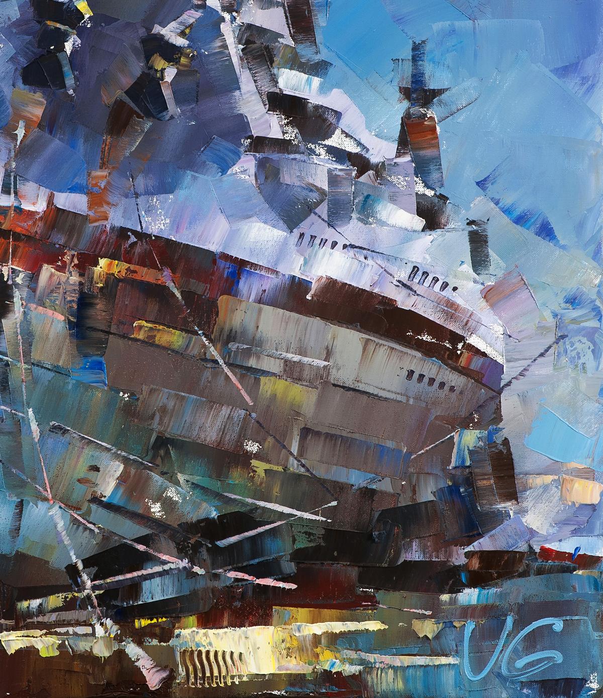 Abstract USS Texas BB-35 oil painting in dry dock, bold blue strokes