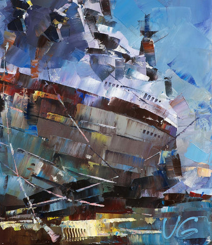 Abstract USS Texas BB-35 oil painting in dry dock, bold blue strokes