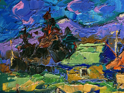 Vibrant Oleksiy Ivanyuk oil painting of village and blue mountains