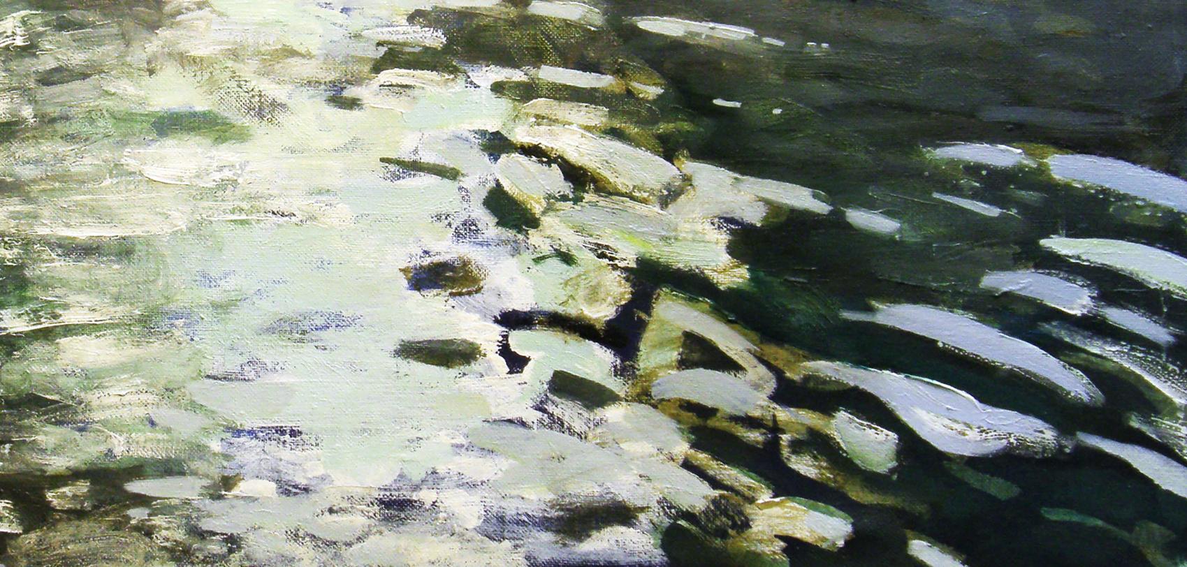 Textured impressionistic oil painting of ancient bridge rocky shoreline by Ed Potapenkov