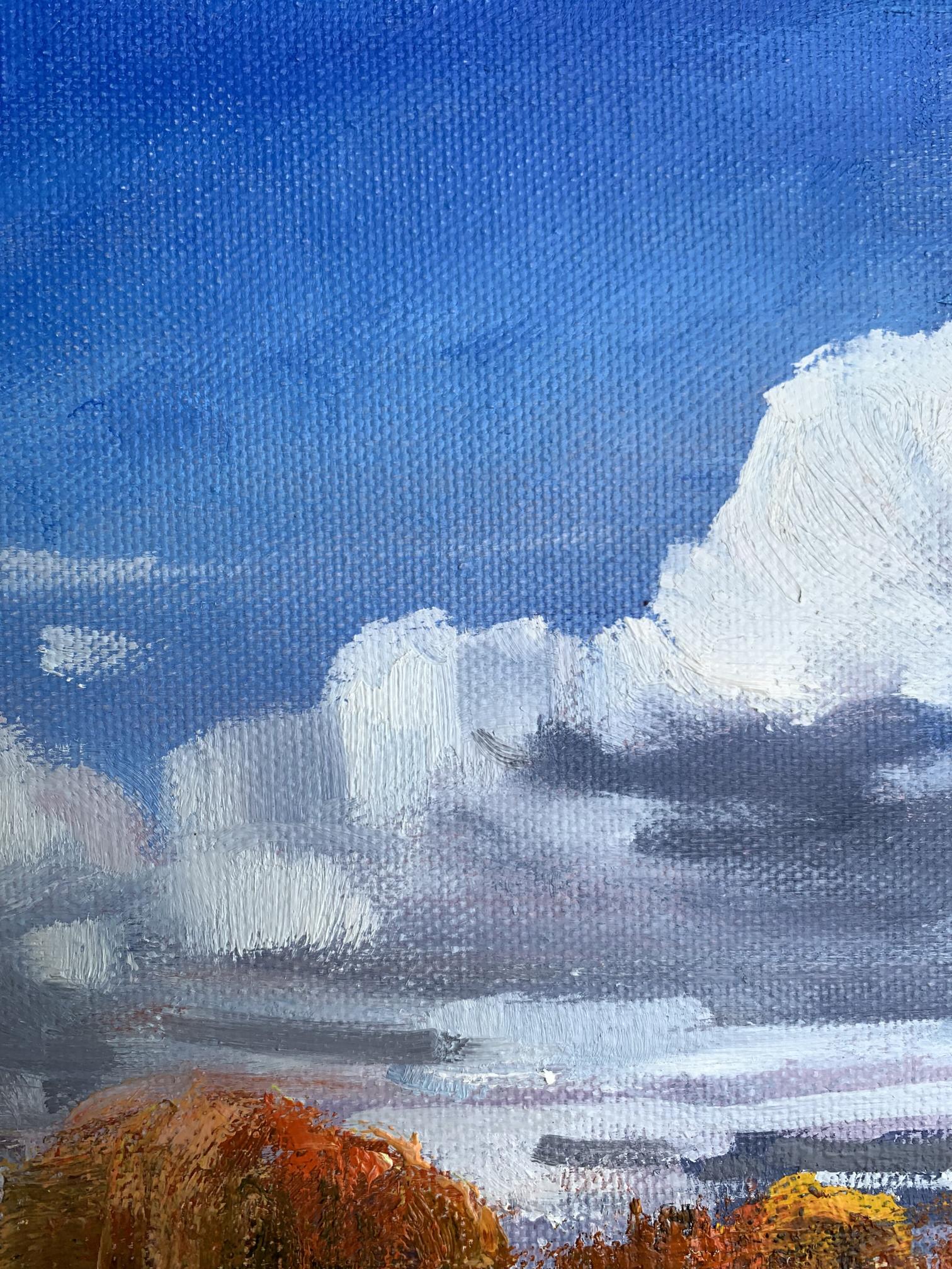 Oil painting Cloudy day Tatyana Derdey: blue sky, clouds over orange foliage