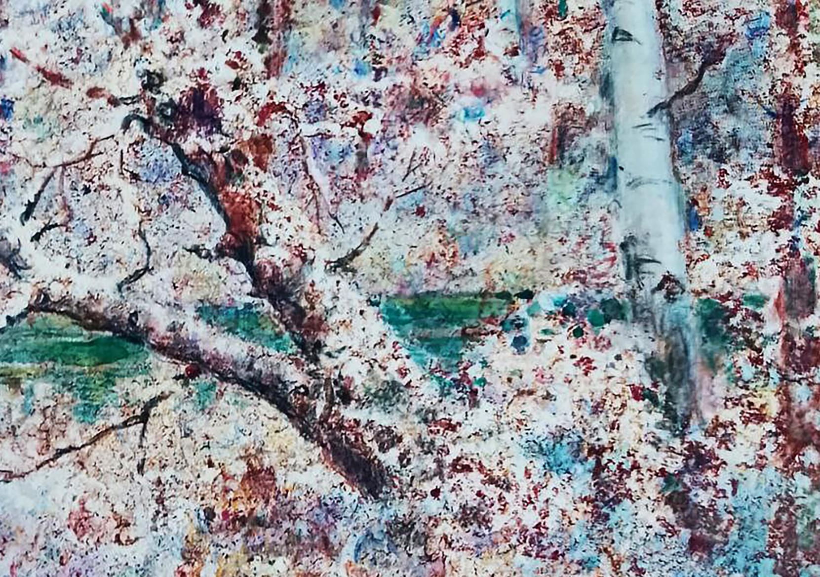Oil painting After the winter snowstorm by Vitaly Duhnevich: birch tree blossoms