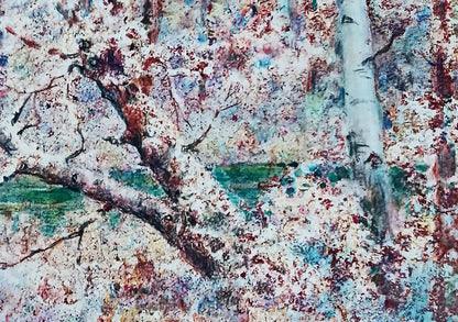 Oil painting After the winter snowstorm by Vitaly Duhnevich: birch tree blossoms