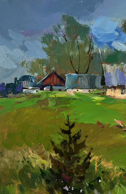 Vibrant impressionistic oil painting Morning with cows in rustic by Yuriy Suprunchuk