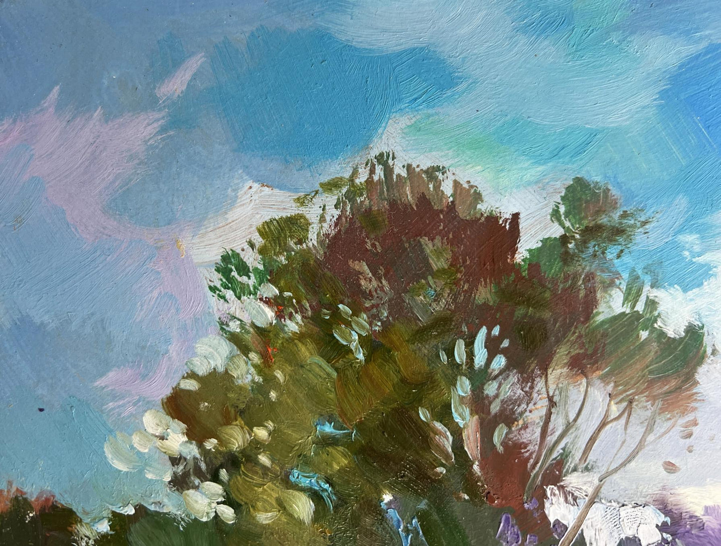 Vibrant impressionist tree painting by Yuriy Suprunchuk with boats on river
